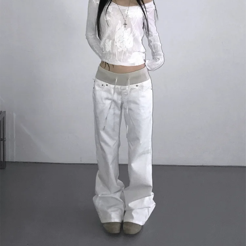Y2K Patchwork Cargo Vintage White Low Rise Bootcut Jeans