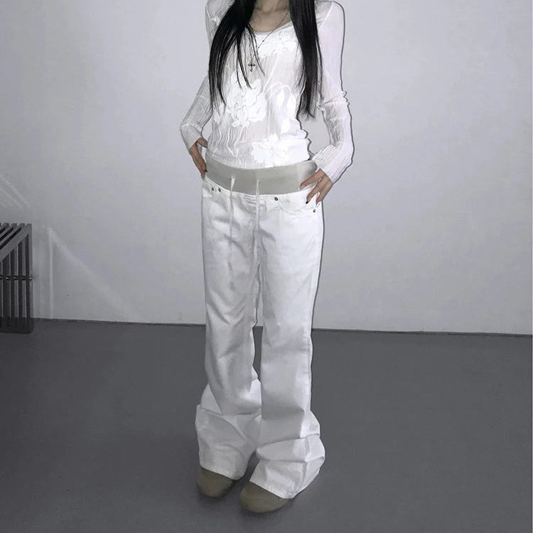 Y2K Patchwork Cargo Vintage White Low Rise Bootcut Jeans