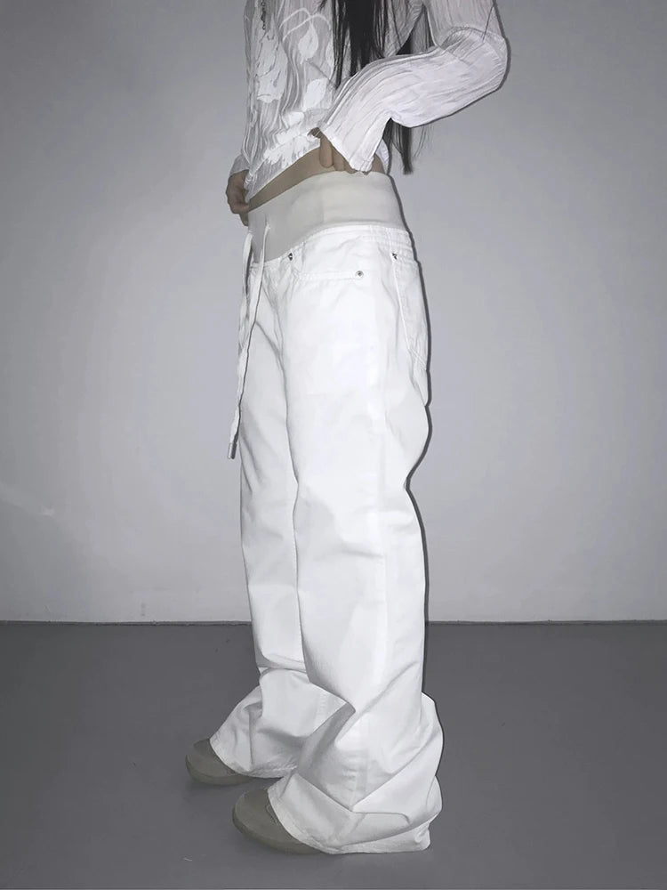 Y2K Patchwork Cargo Vintage White Low Rise Bootcut Jeans