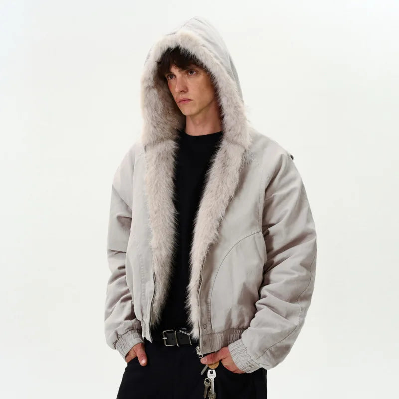 Y2K Patchwork Faux Fur Collar and Zip Line Cotton Jacket Coat