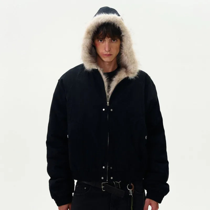 Y2K Patchwork Faux Fur Collar and Zip Line Cotton Jacket Coat