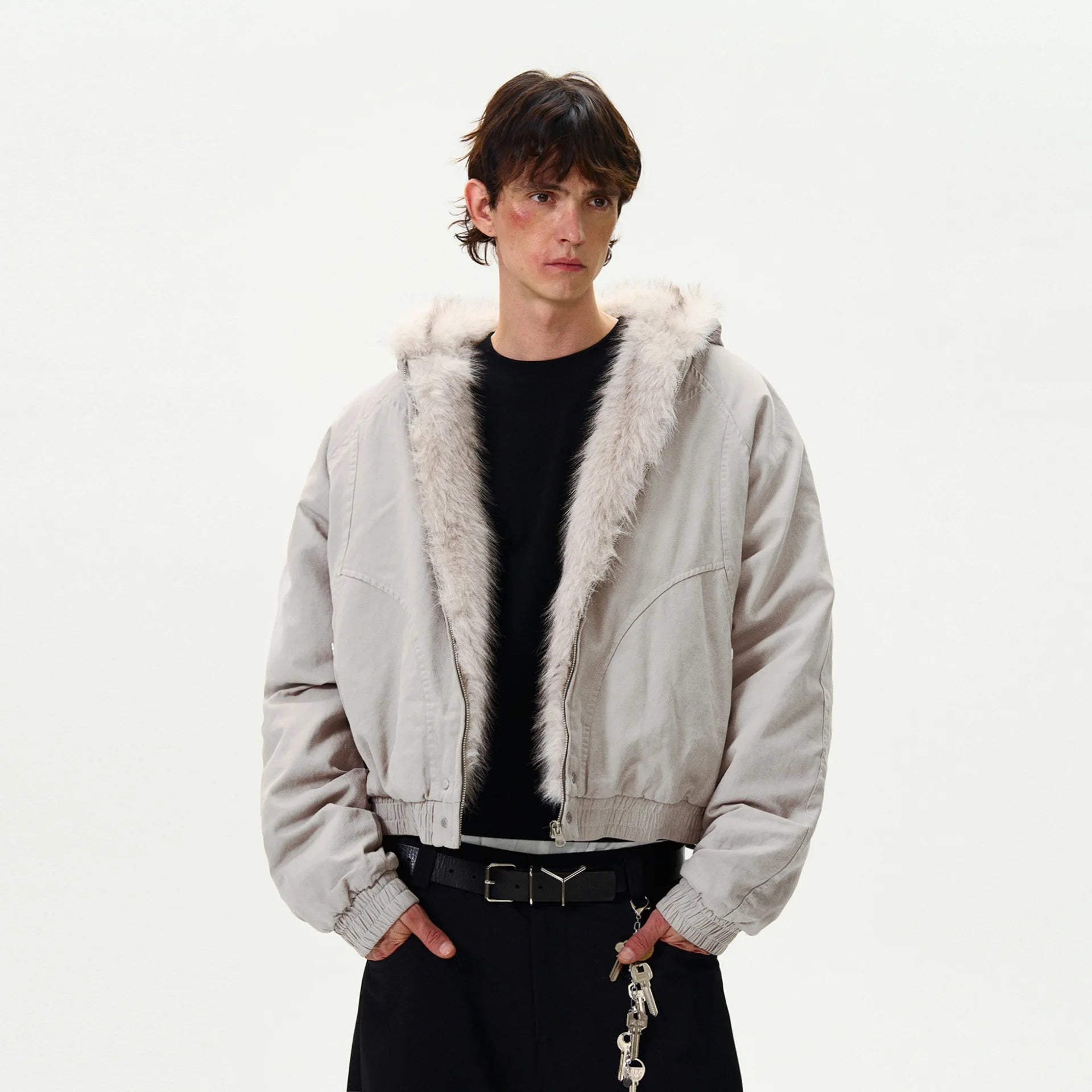 Y2K Patchwork Faux Fur Collar and Zip Line Cotton Jacket Coat