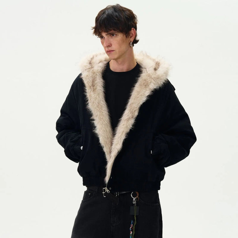 Y2K Patchwork Faux Fur Collar and Zip Line Cotton Jacket Coat