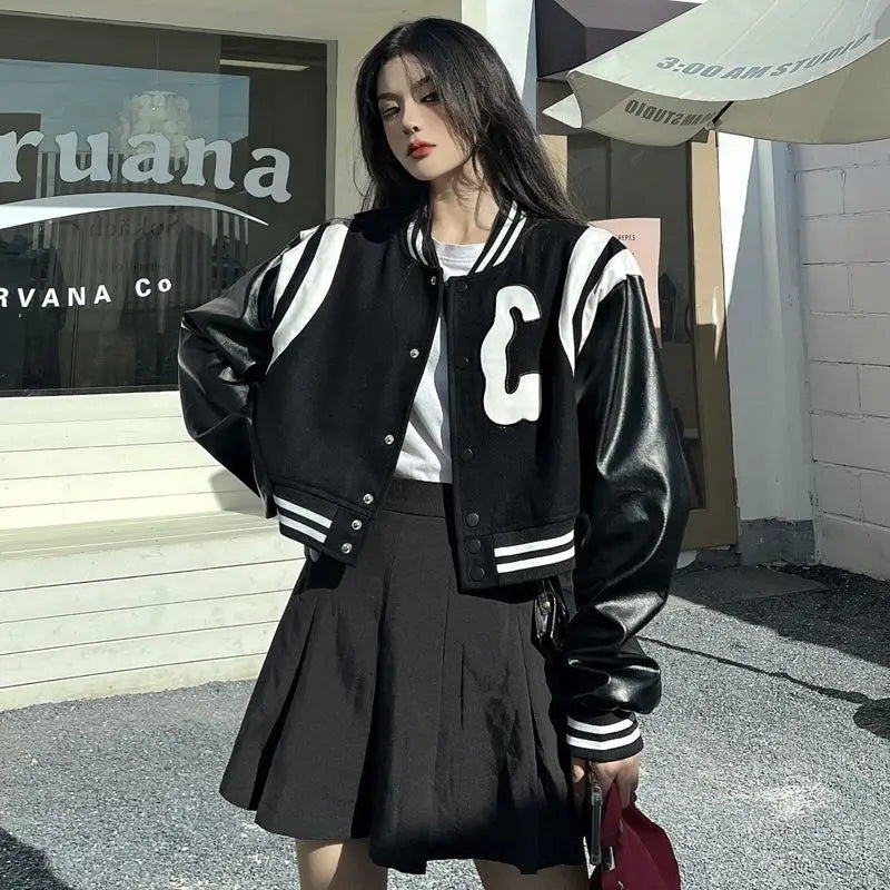 Y2K Patchwork PU Leather Black Varsity Jacket