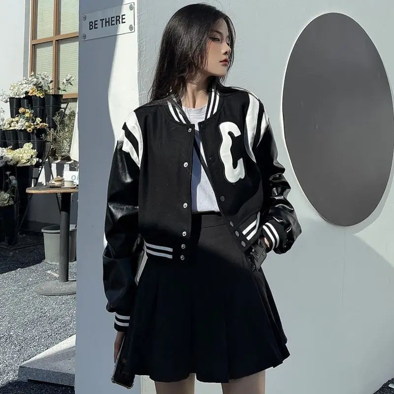 Y2K Patchwork PU Leather Black Varsity Jacket