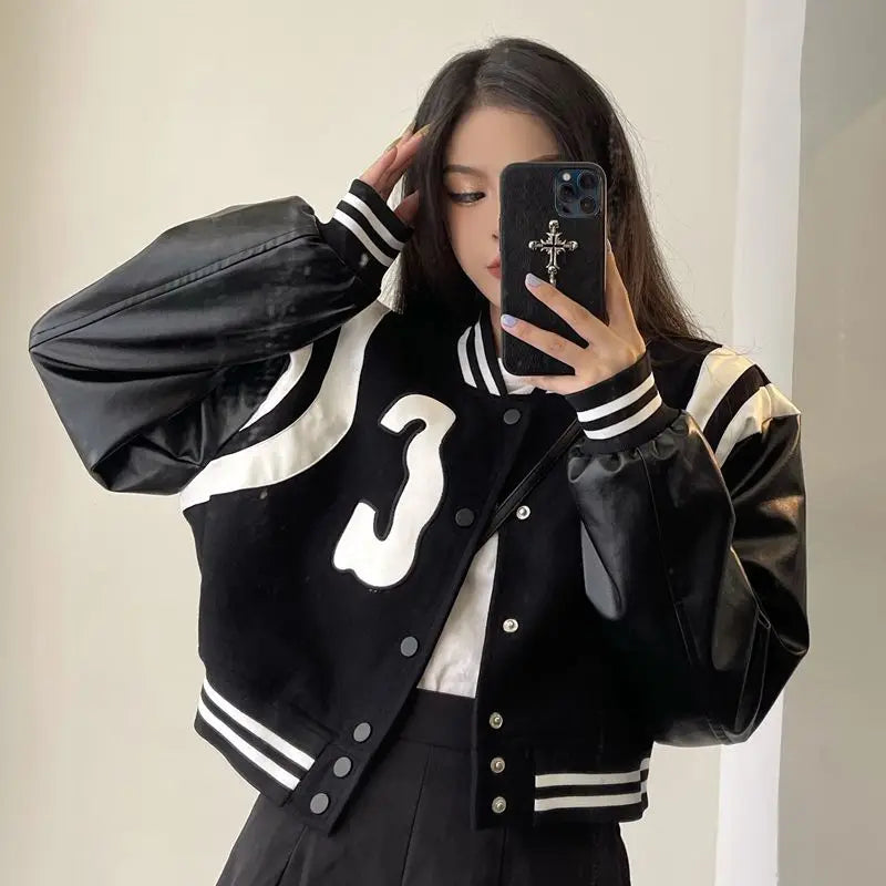 Y2K Patchwork PU Leather Black Varsity Jacket