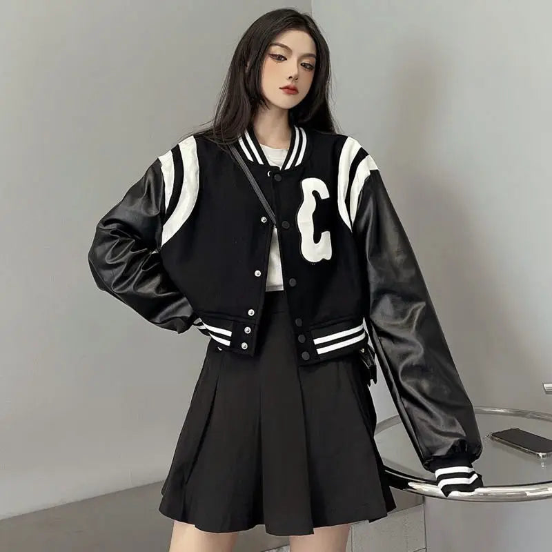 Y2K Patchwork PU Leather Black Varsity Jacket