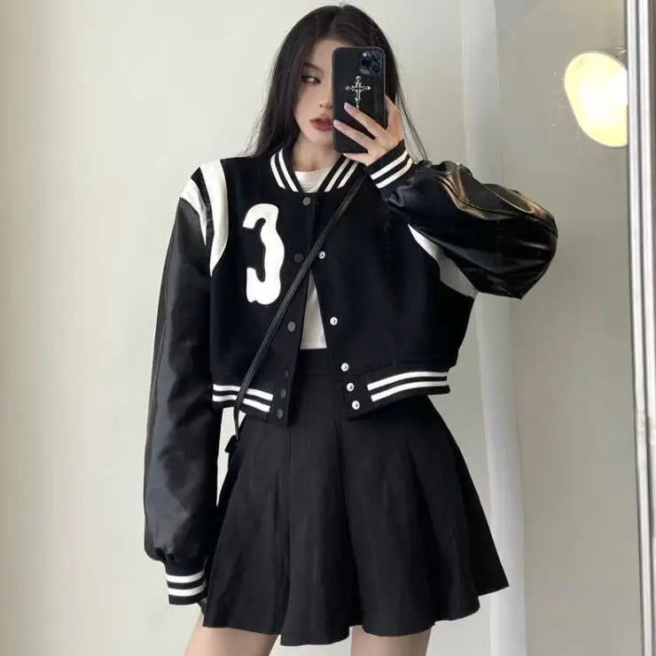 Y2K Patchwork PU Leather Black Varsity Jacket