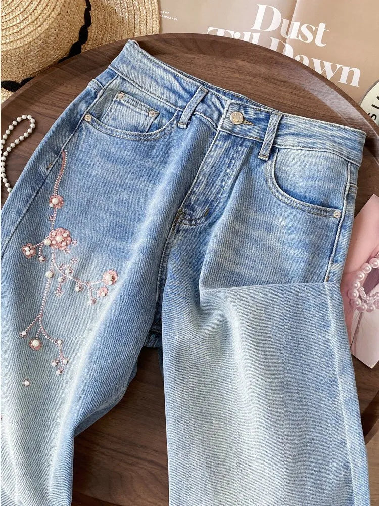 Y2K Pink Floral Embroidered Rhinestone Denim Jeans