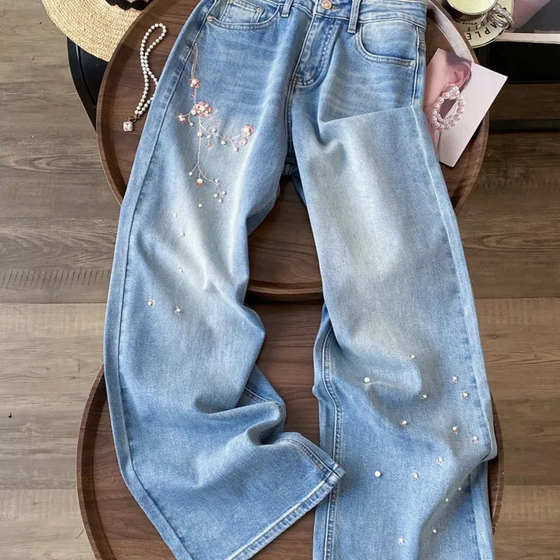 Y2K Pink Floral Embroidered Rhinestone Denim Jeans