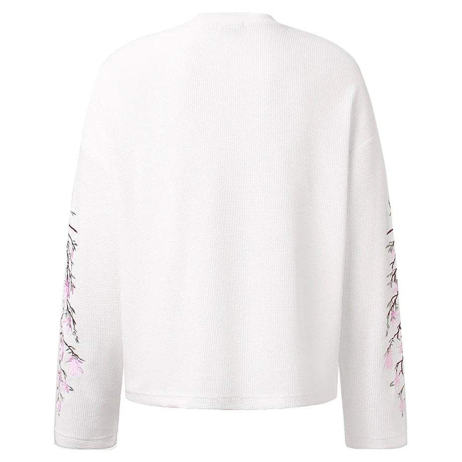 Y2K Pink Flower Embroidered Sleeves Long Sleeve Top
