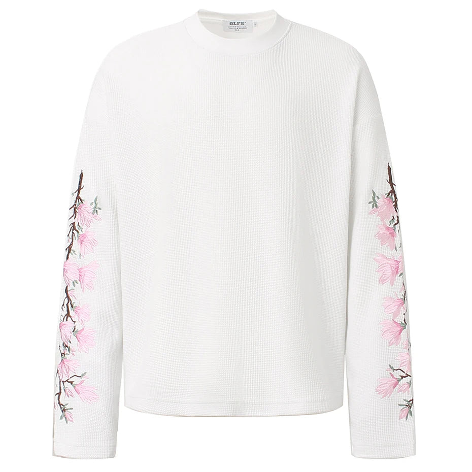 Y2K Pink Flower Embroidered Sleeves Long Sleeve Top