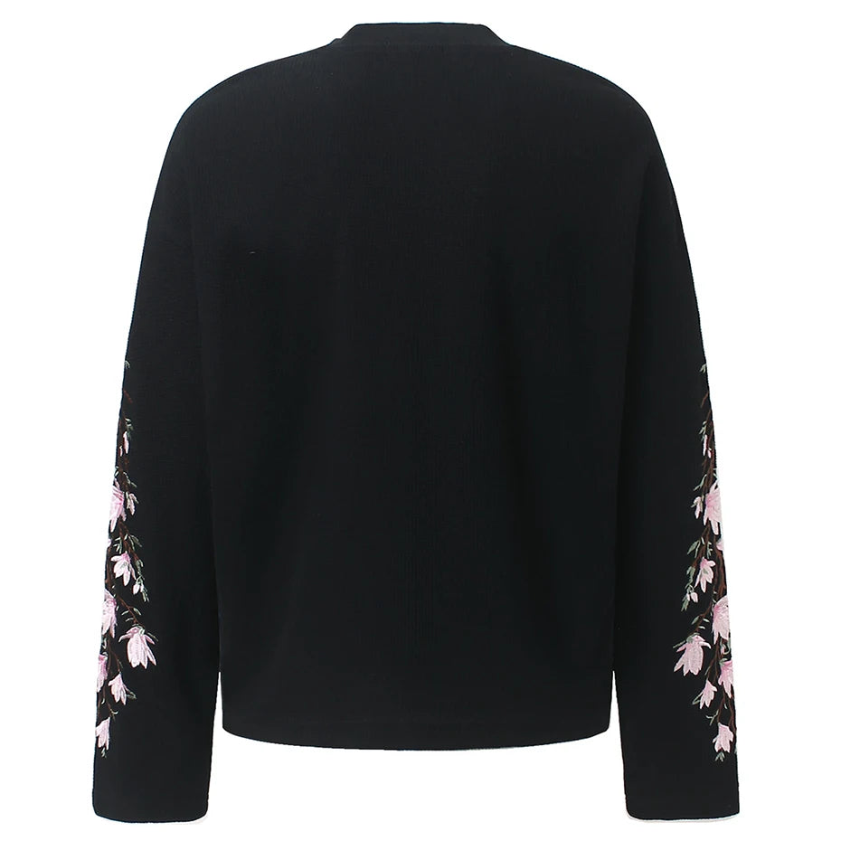 Y2K Pink Flower Embroidered Sleeves Long Sleeve Top
