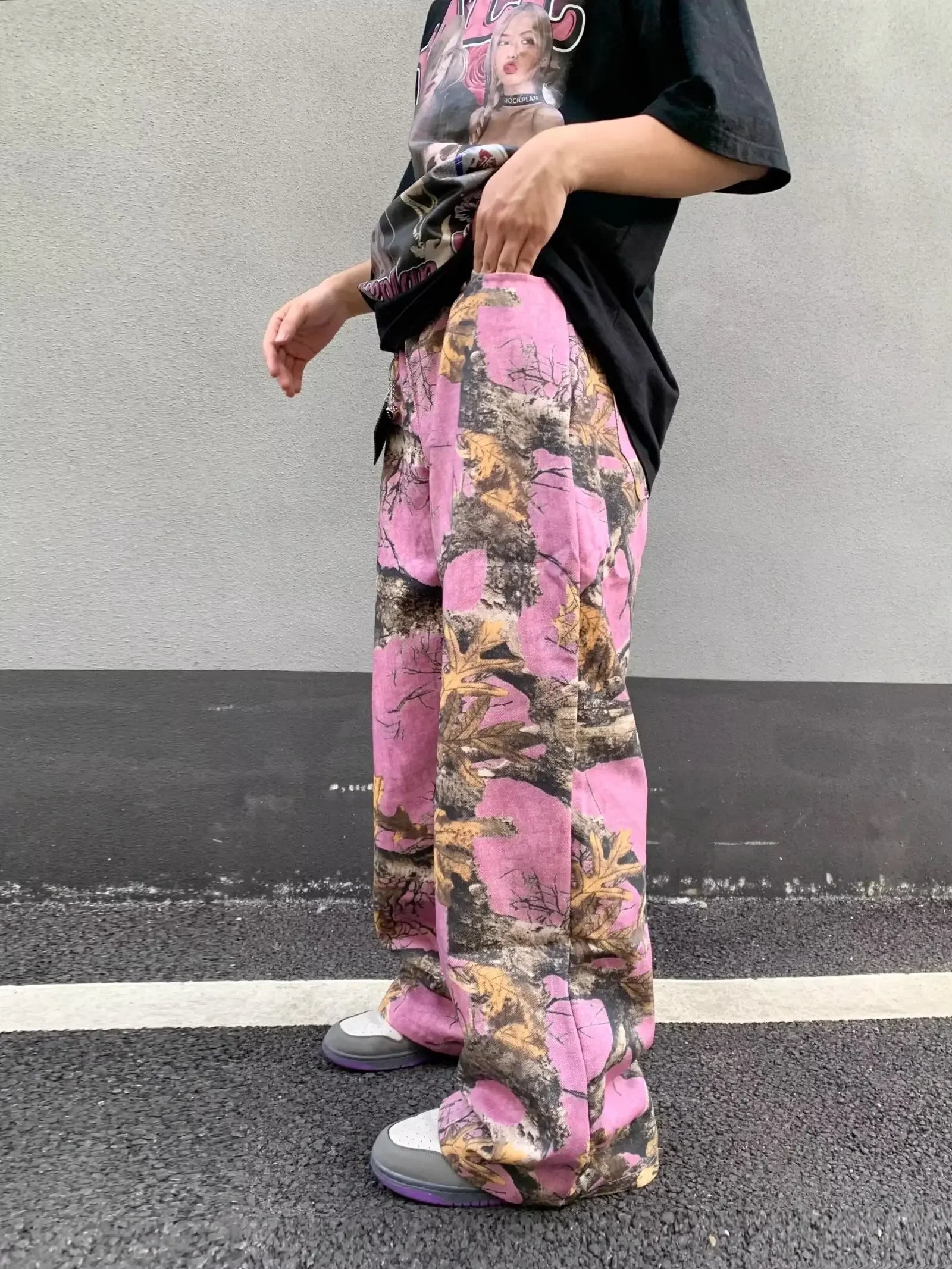 Y2K Pink Forest Camo Baggy Jeans