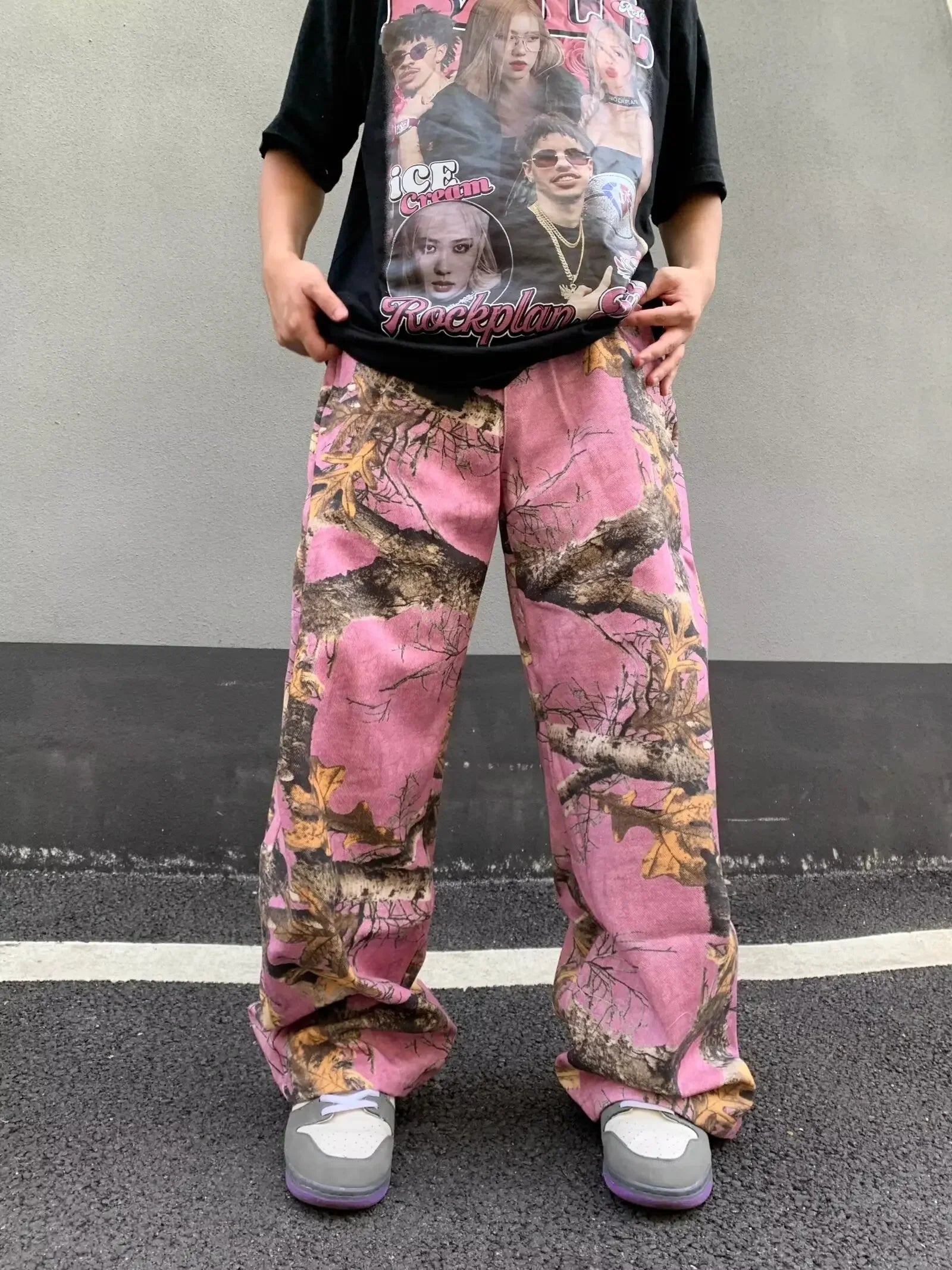 Y2K Pink Forest Camo Baggy Jeans