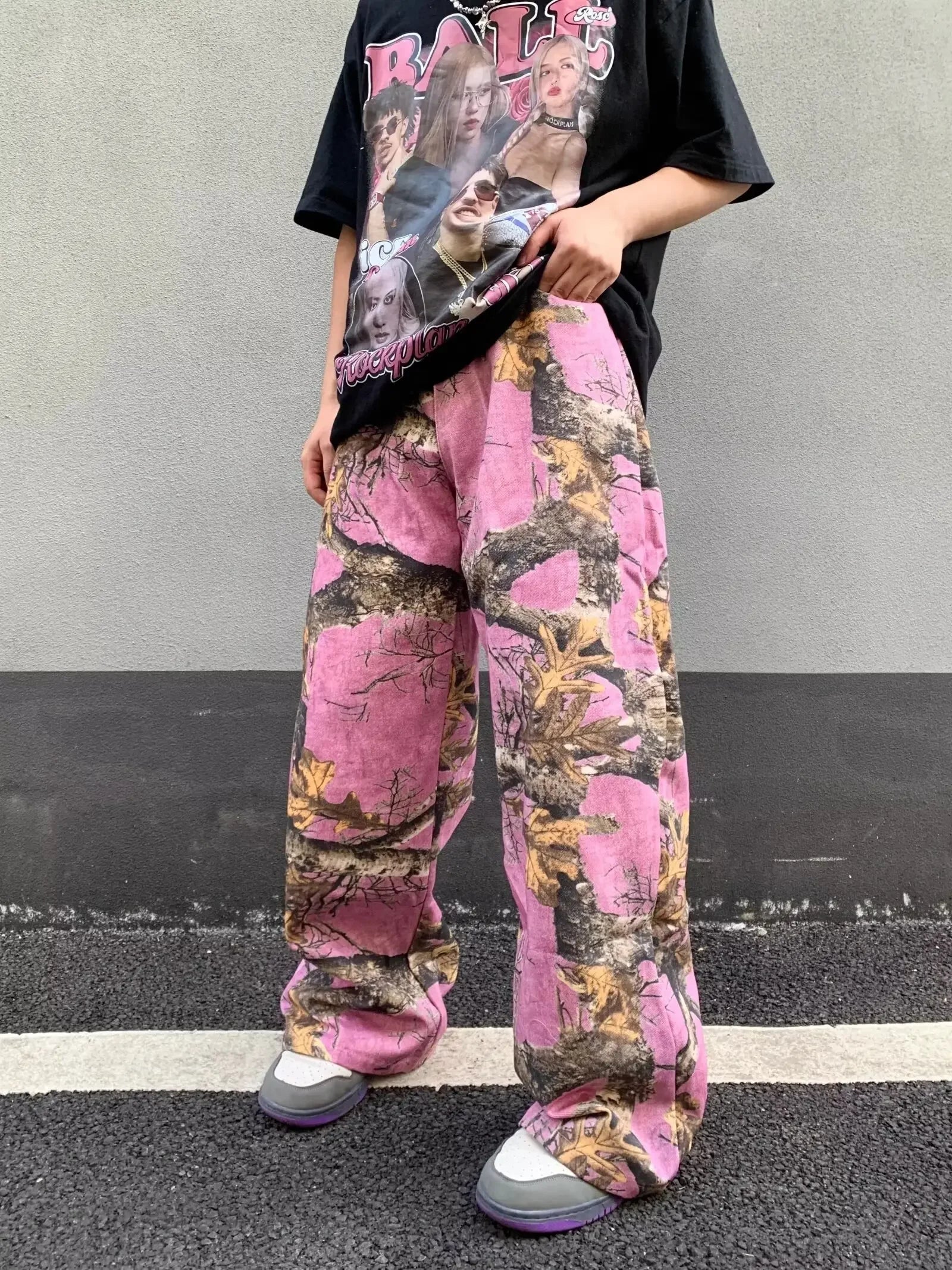 Y2K Pink Forest Camo Baggy Jeans