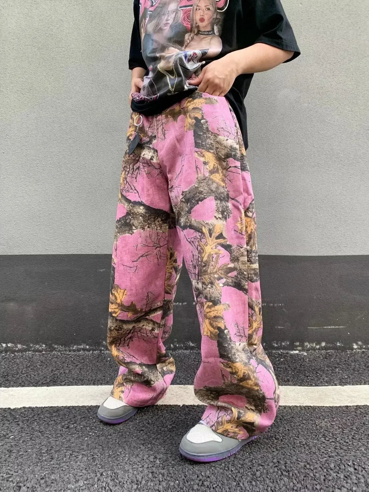 Y2K Pink Forest Camo Baggy Jeans