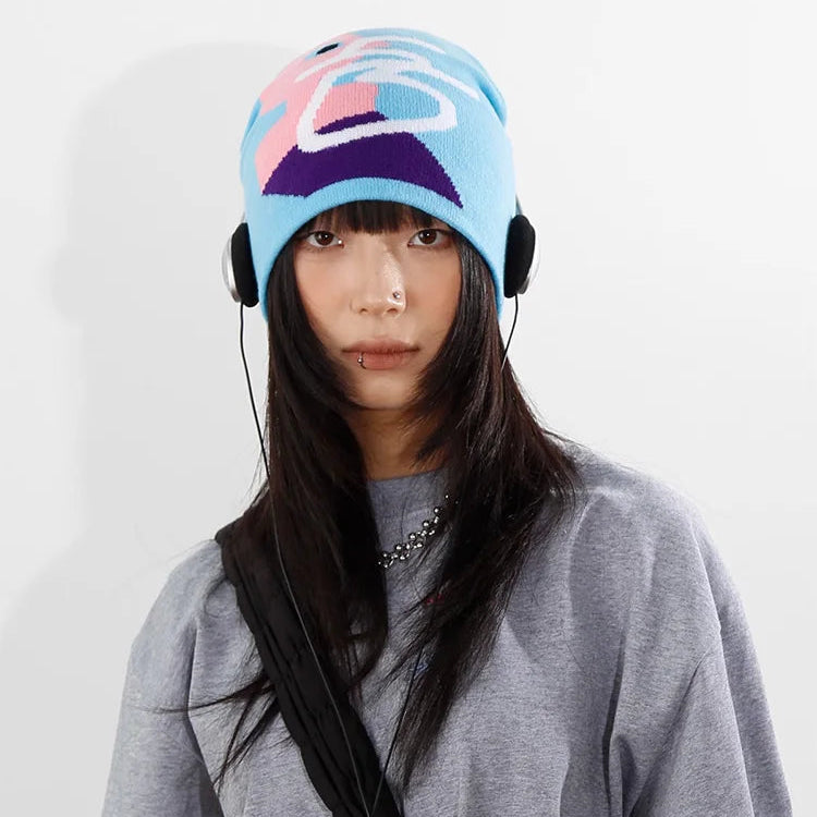 Y2K Pink Man Graphic Blue Beanie