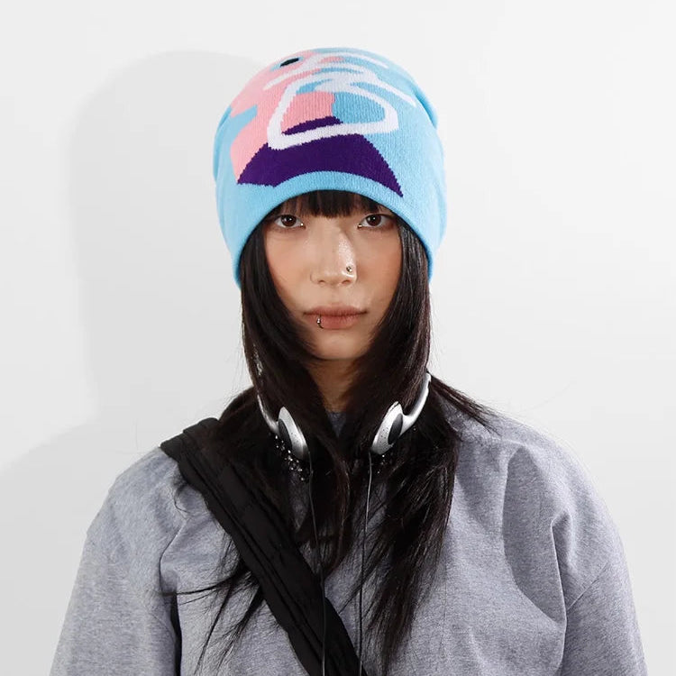 Y2K Pink Man Graphic Blue Beanie