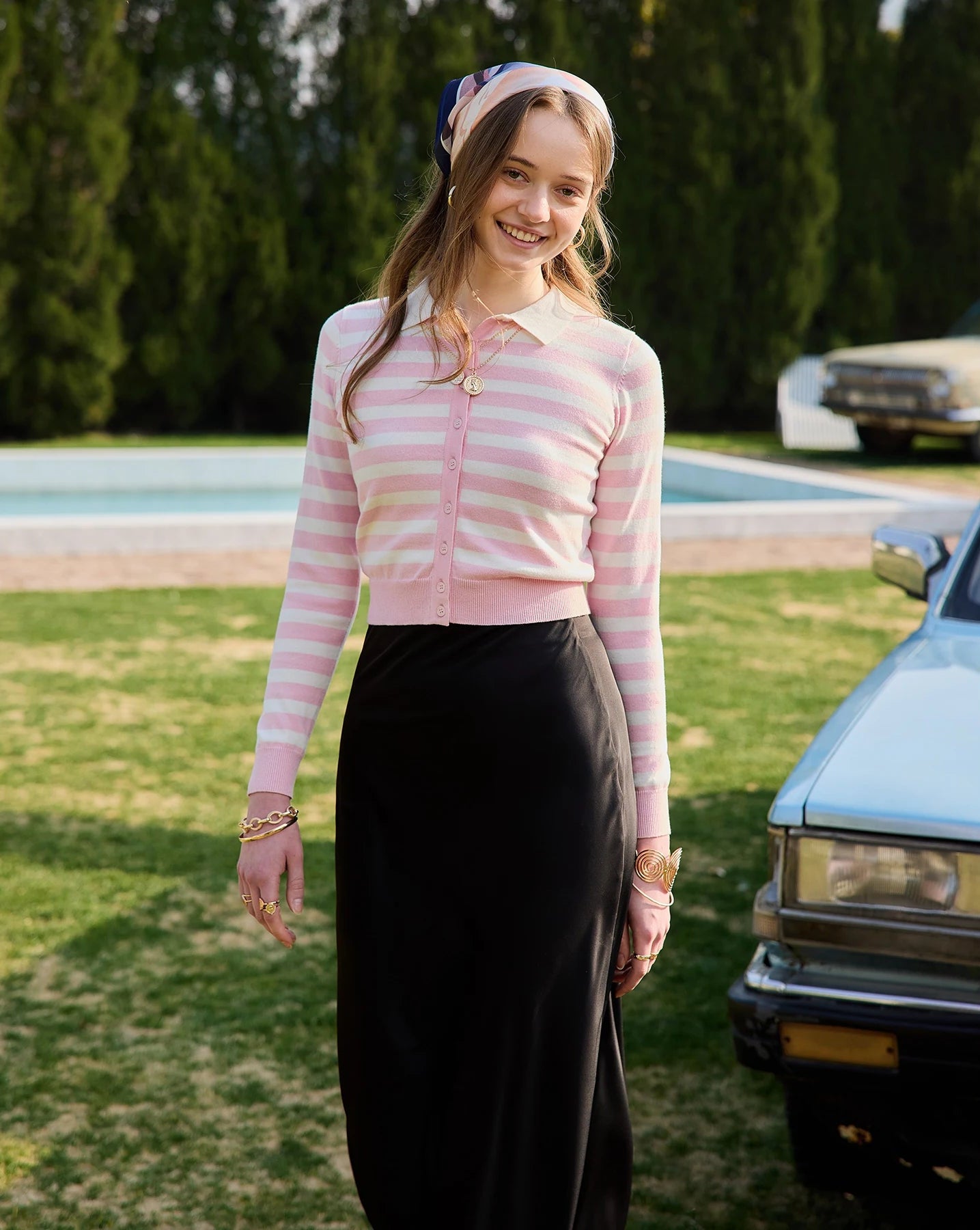 Y2K Pink Striped Knit Collar Cardigan