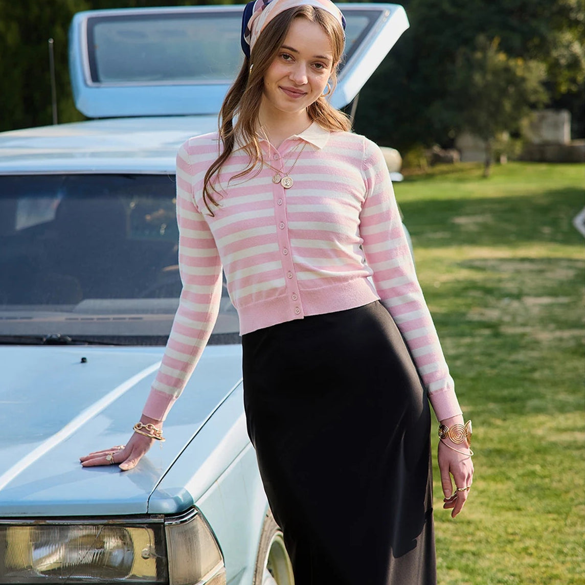 Y2K Pink Striped Knit Collar Cardigan