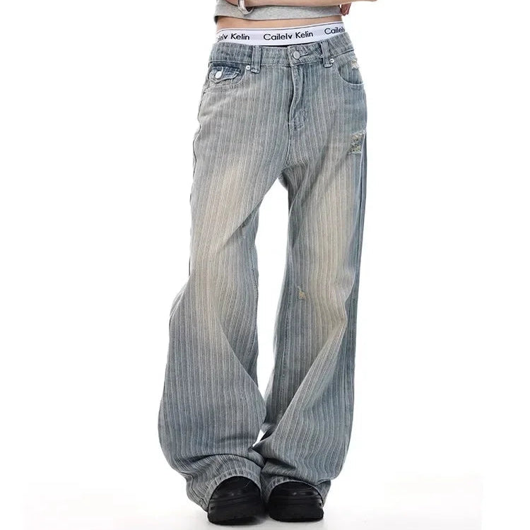 Y2K Pinstripe Micro Flared Distressed Jeans