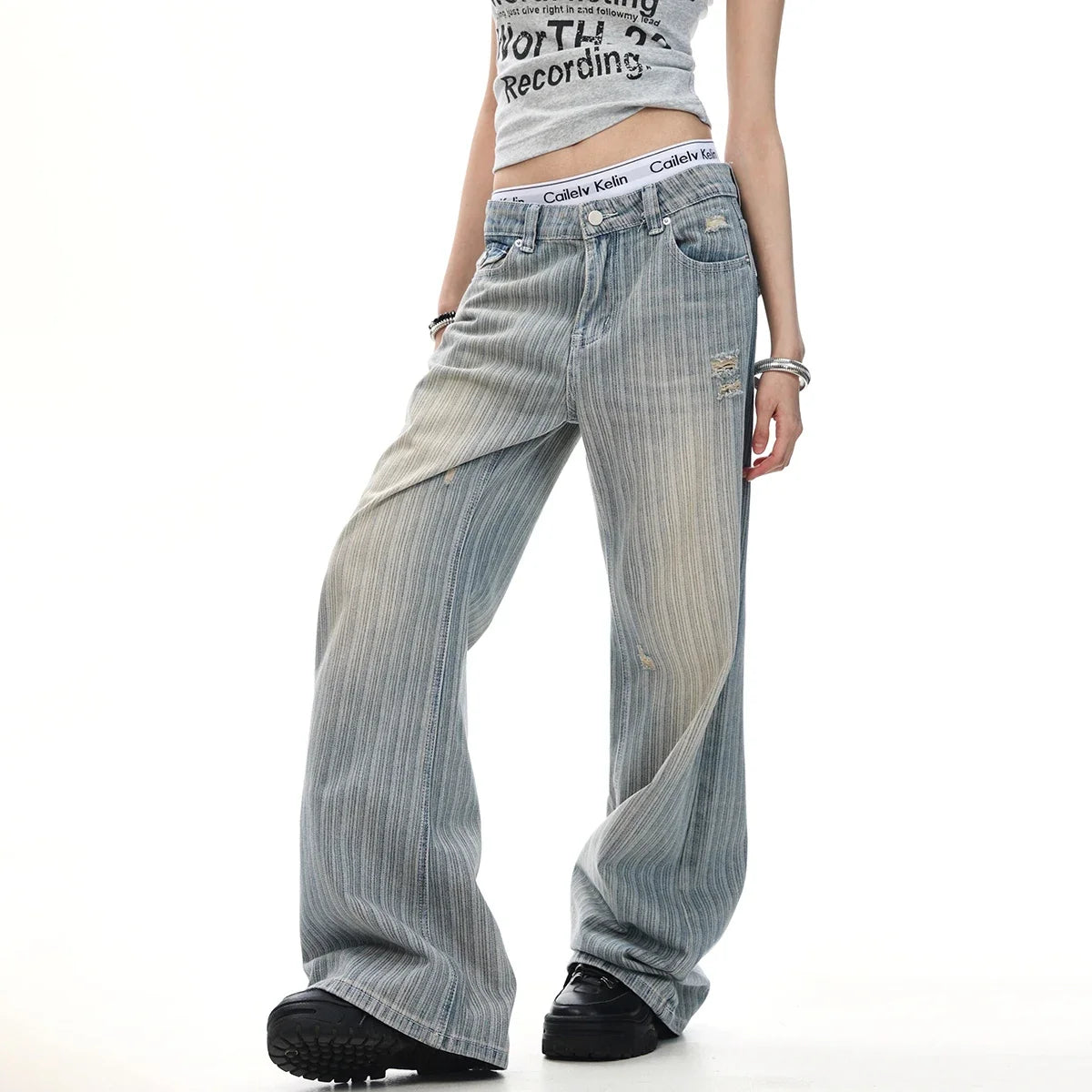 Y2K Pinstripe Micro Flared Distressed Jeans