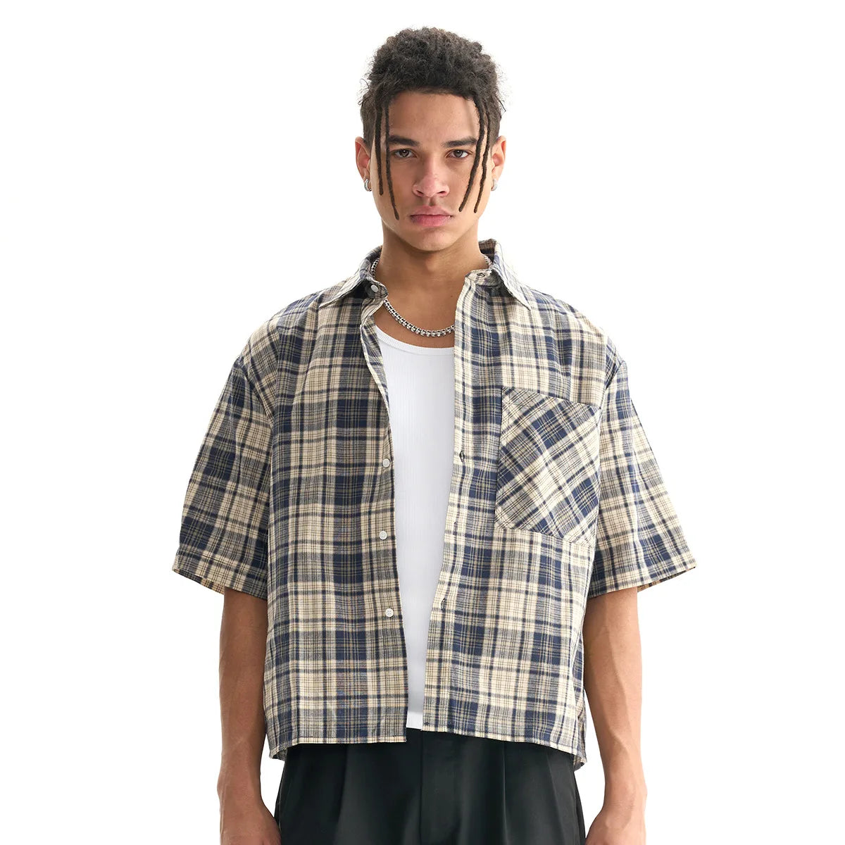 Y2K Plaid Cropped Short Sleeve Button Down Shirt