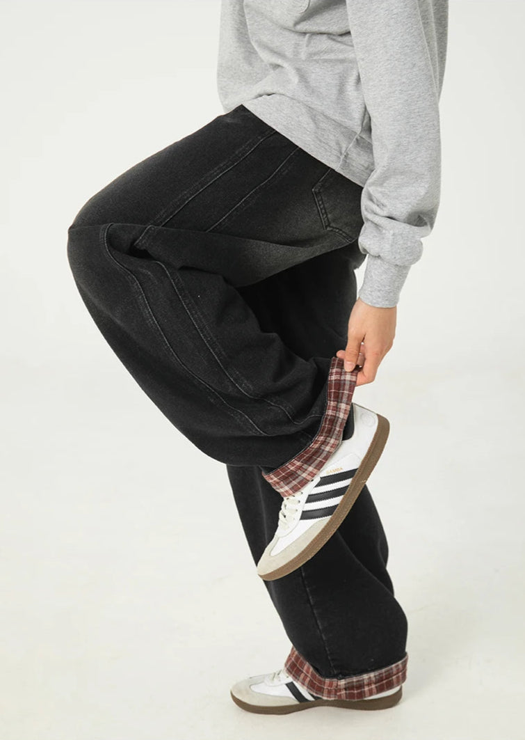 Y2K Plaid Cuff Washed Jeans
