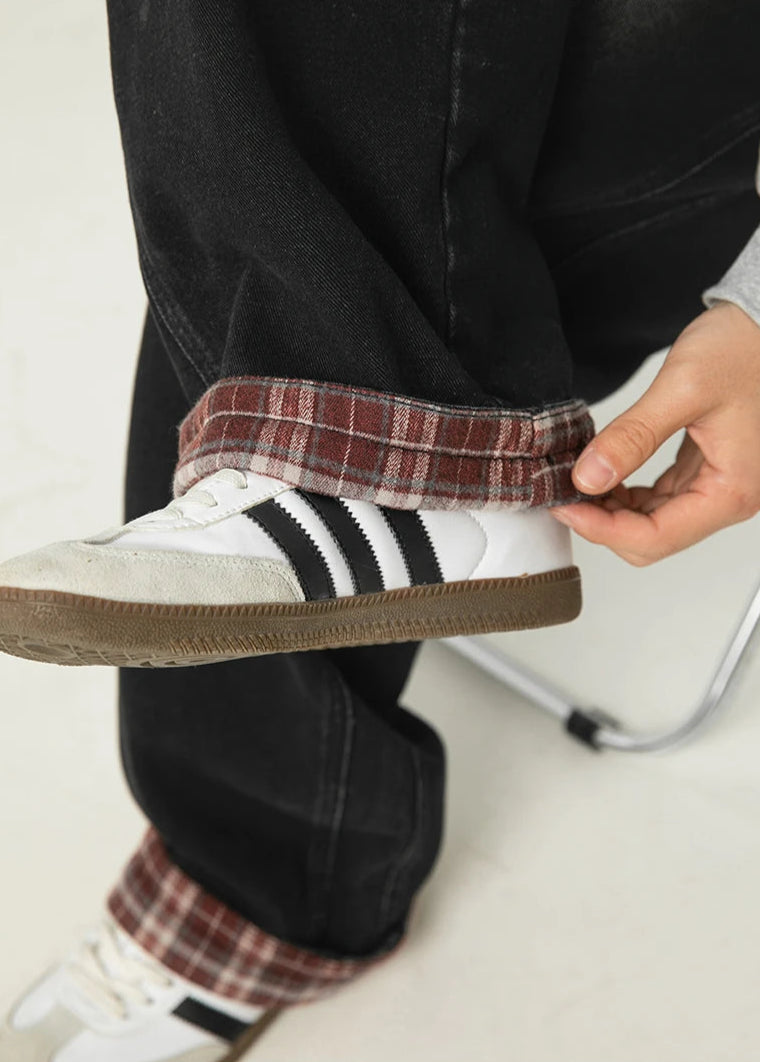 Y2K Plaid Cuff Washed Jeans