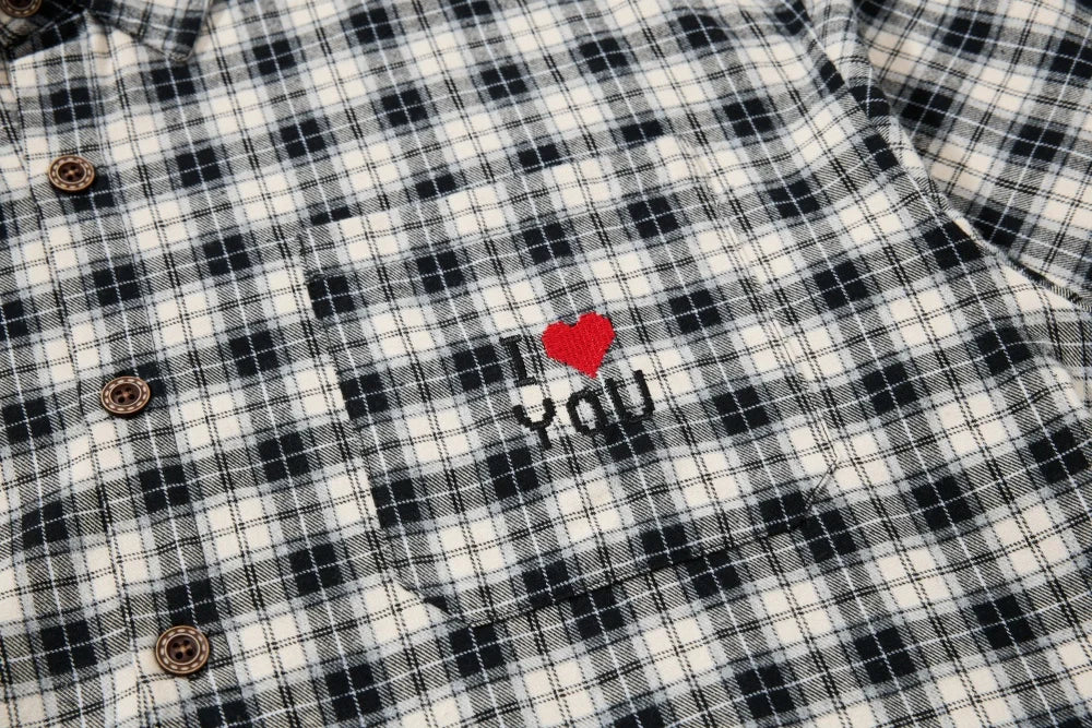 Y2K Plaid "I Love You" Embroidered Long Sleeve Shirt