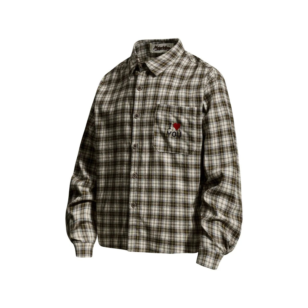Y2K Plaid "I Love You" Embroidered Long Sleeve Shirt