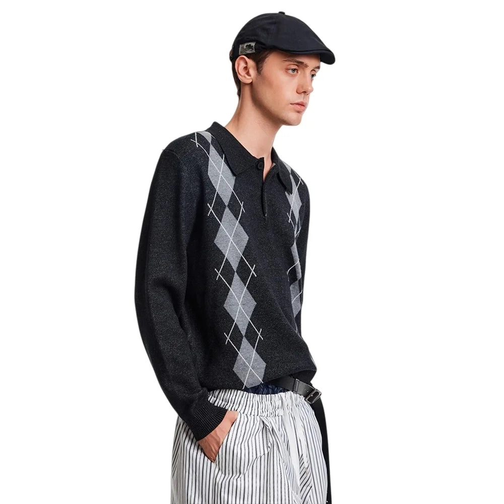 Y2K Plaid Knitted Collared Sweater