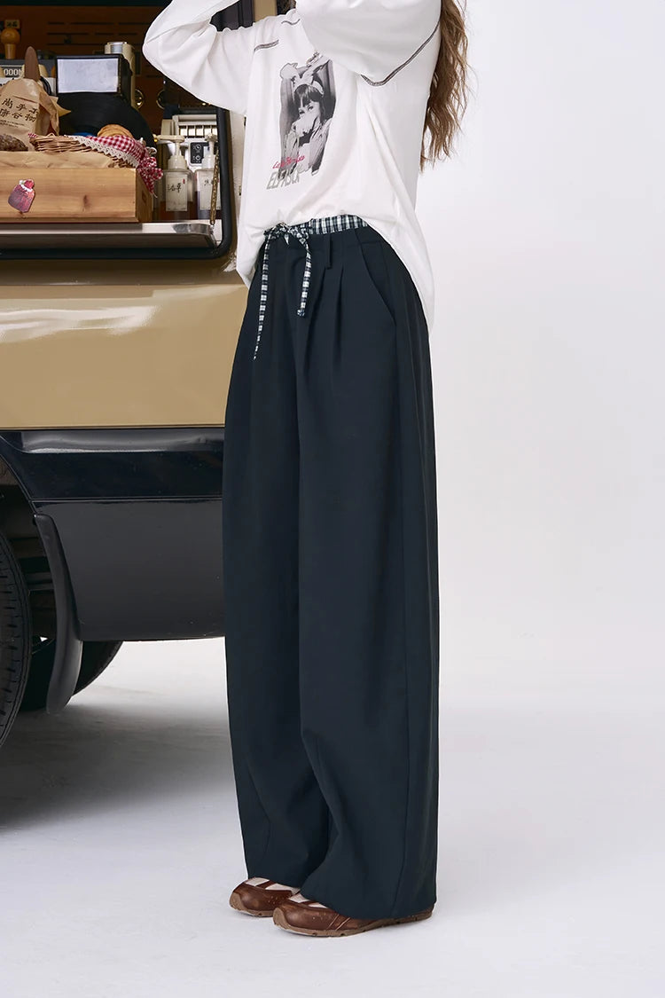 Y2K Plaid Panel Wide Leg Boyfriend Fit Trousers