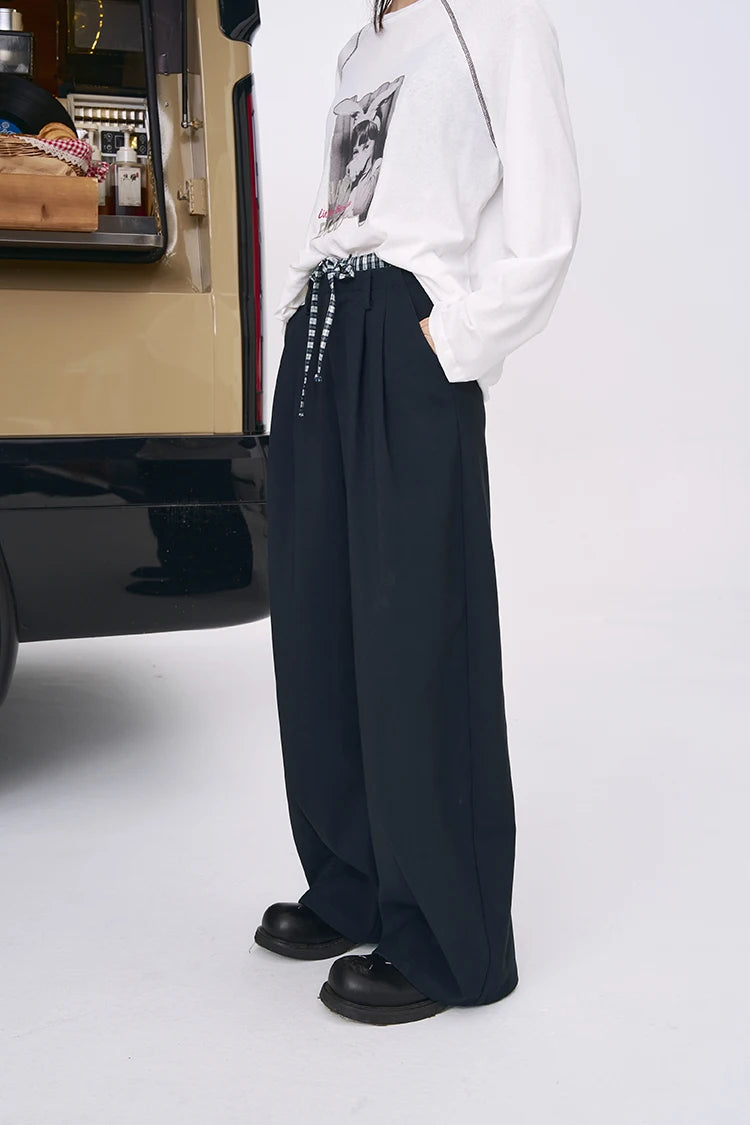 Y2K Plaid Panel Wide Leg Boyfriend Fit Trousers