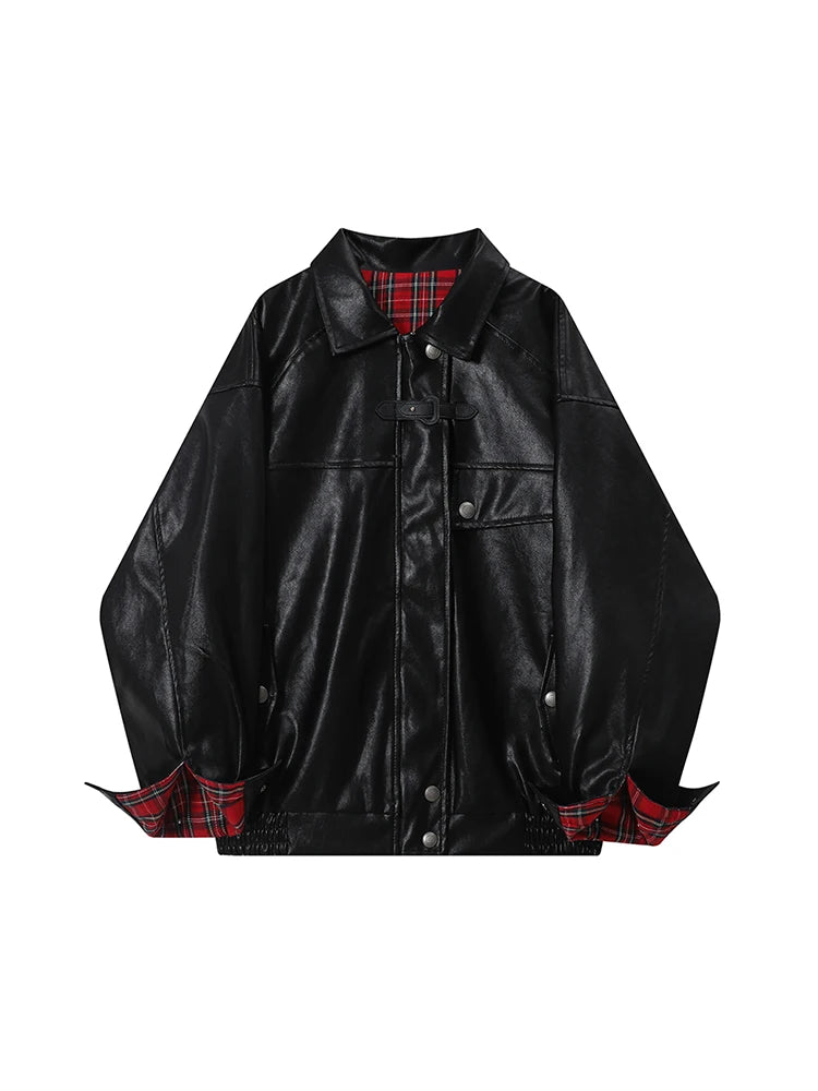 Y2K Plaid Patchwork Faux Leather Reversible Jacket