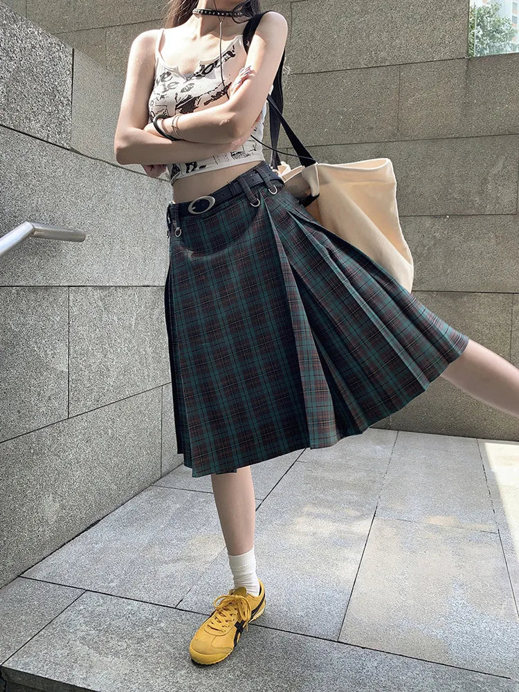 Y2K Plaid Pleated High Waist Flowy Midi Skirt