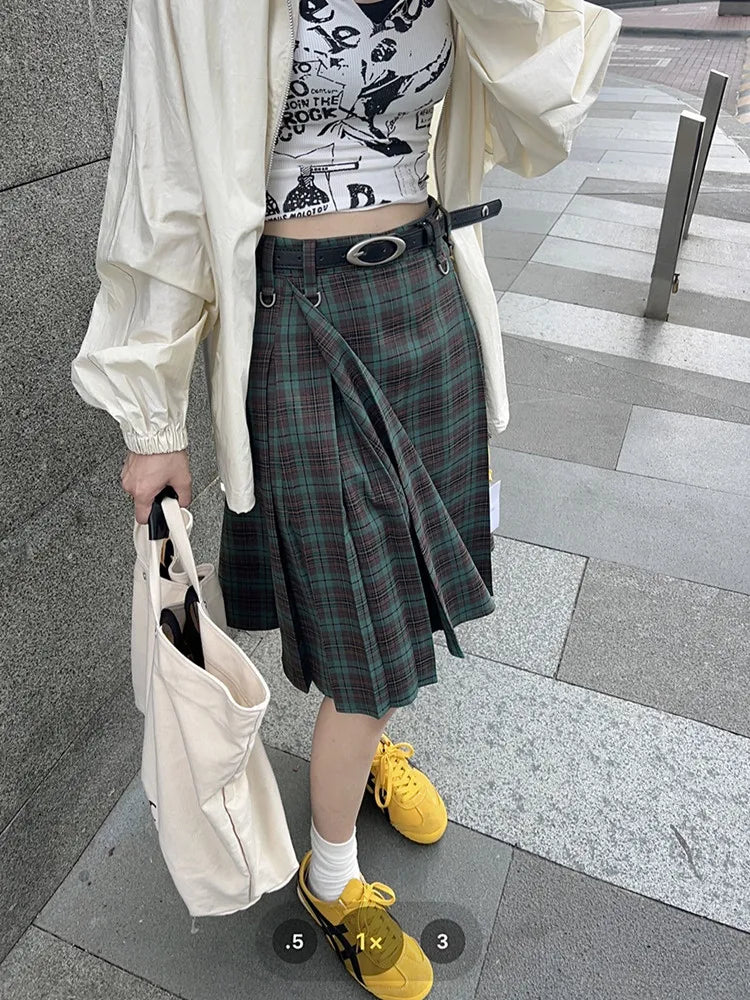 Y2K Plaid Pleated High Waist Flowy Midi Skirt