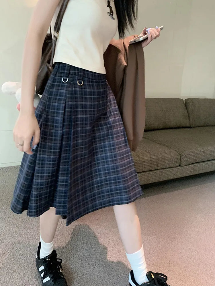 Y2K Plaid Pleated High Waist Flowy Midi Skirt