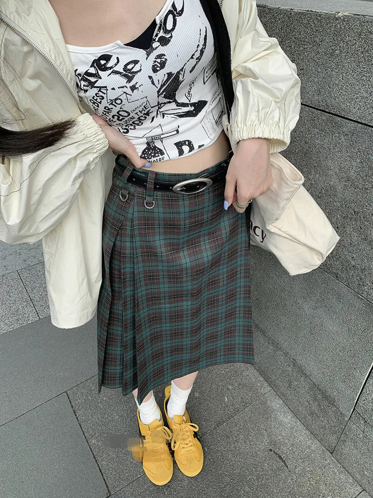 Y2K Plaid Pleated High Waist Flowy Midi Skirt