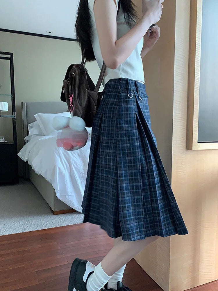 Y2K Plaid Pleated High Waist Flowy Midi Skirt