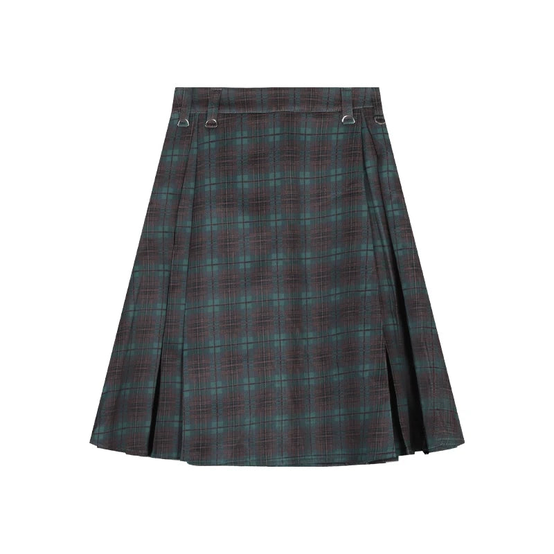 Y2K Plaid Pleated High Waist Flowy Midi Skirt