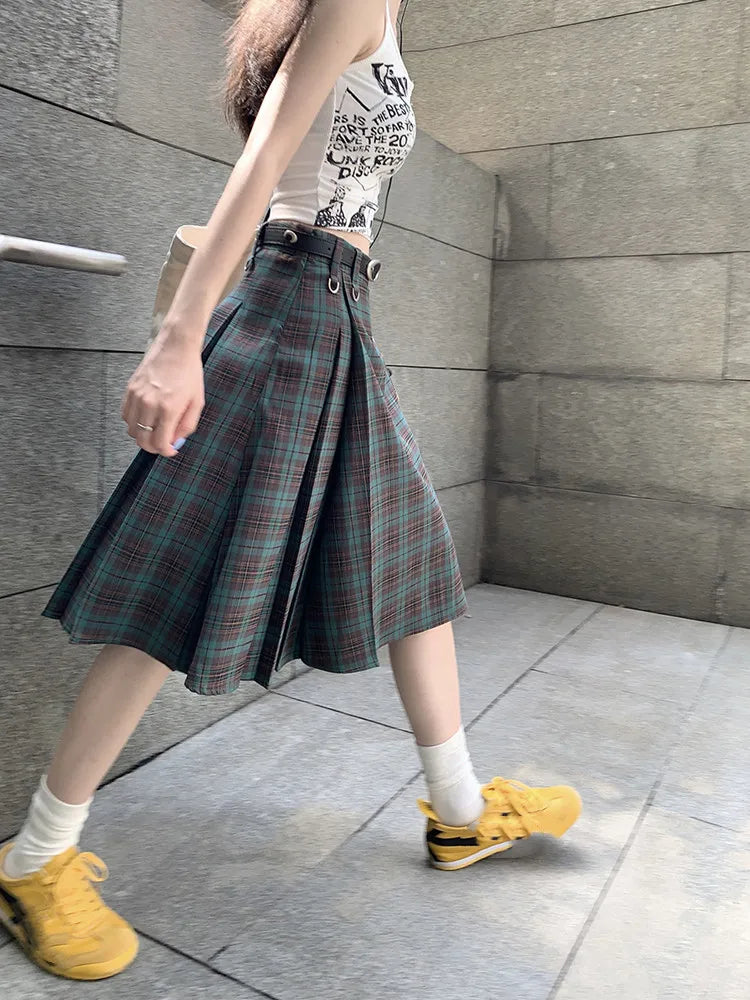 Y2K Plaid Pleated High Waist Flowy Midi Skirt