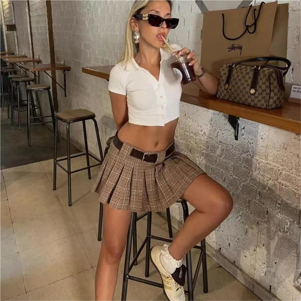 Y2K Plaid Pleated Khaki Mini Skirt