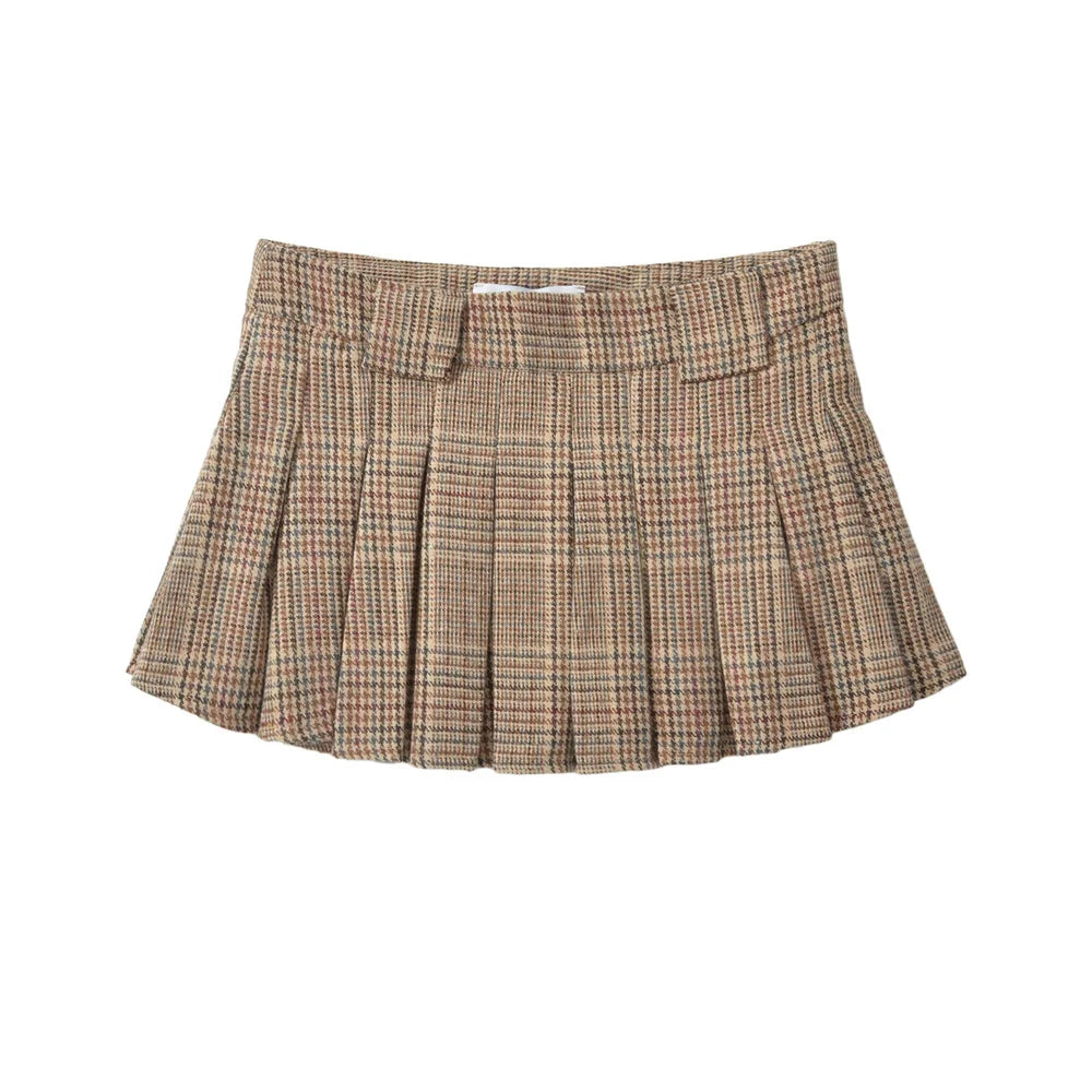 Y2K Plaid Pleated Khaki Mini Skirt