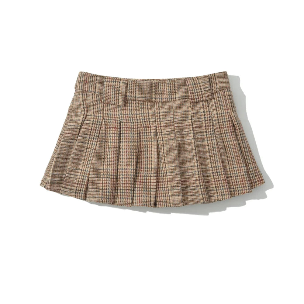 Y2K Plaid Pleated Khaki Mini Skirt