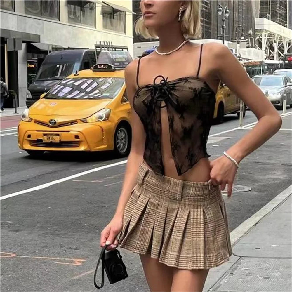 Y2K Plaid Pleated Khaki Mini Skirt