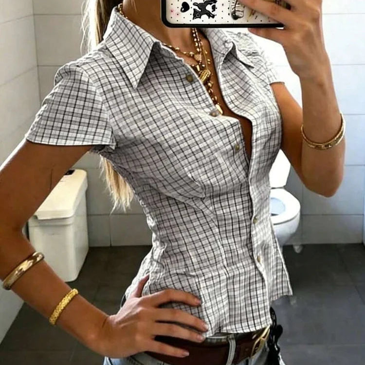 Y2K Plaid Short Sleeve Ruffled Hem Button Up Collared Shirt