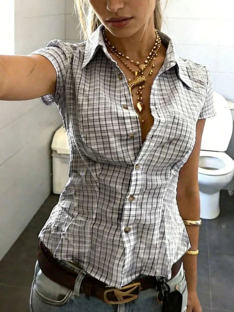 Y2K Plaid Short Sleeve Ruffled Hem Button Up Collared Shirt