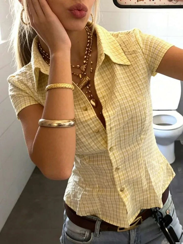 Y2K Plaid Short Sleeve Ruffled Hem Button Up Collared Shirt